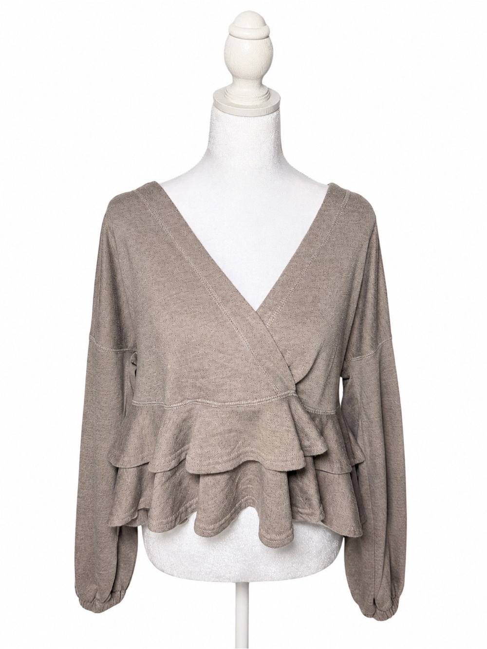 Taupe Ruffle V-Neck Sweatshirt Size: S